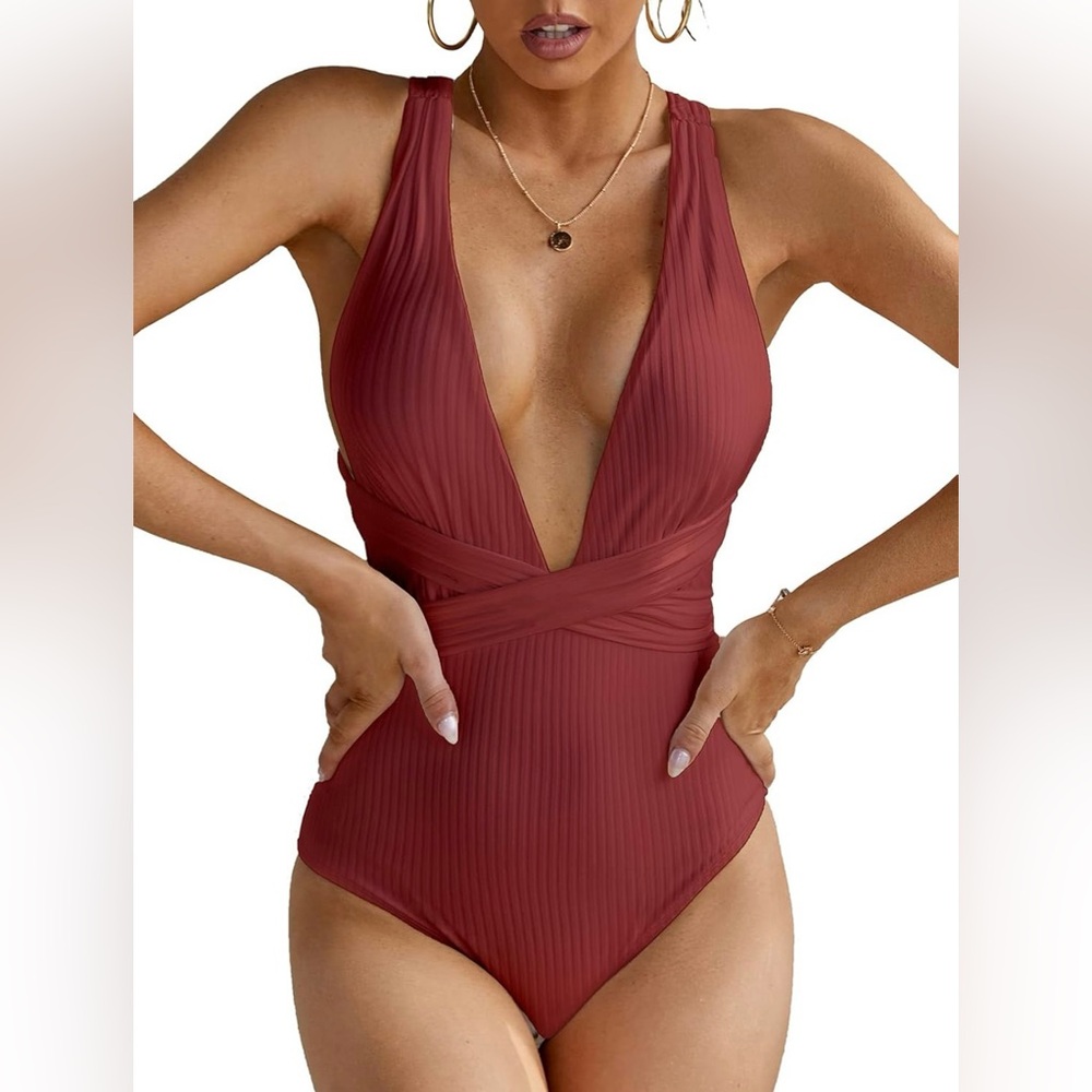 Elegant Deep V-Neck One Piece Swimsuit - Red